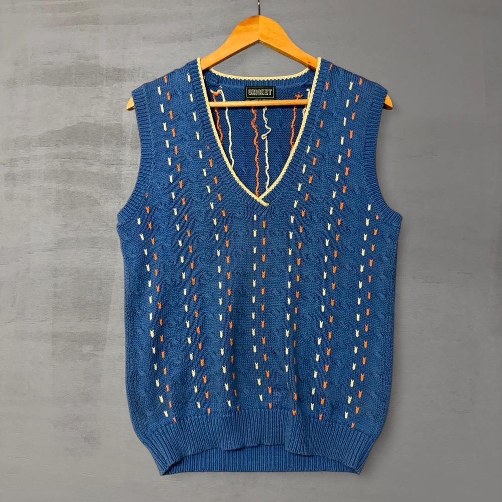 Vintage‎ Cricket Sweater Vest Blue Cable Knit Embroidered V-Neck Cotton Medium